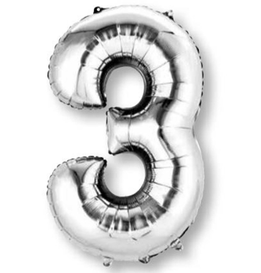 Number 3 Super Shape Balloon 86cm (silver) Inflated