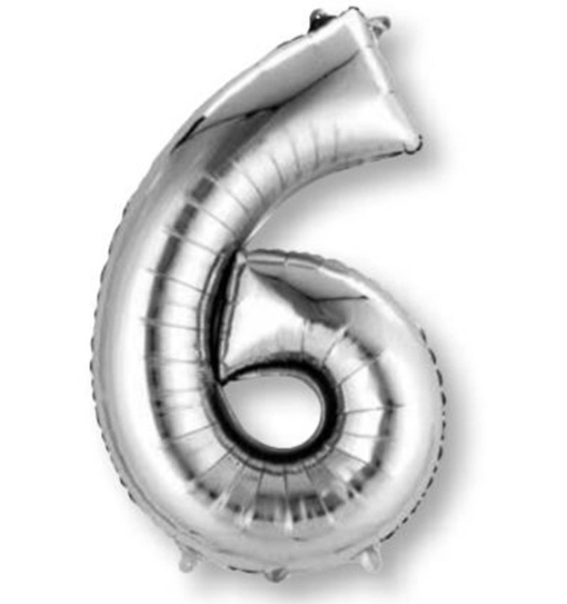 Number 6 Super Shape Balloon 86cm (silver) Inflated