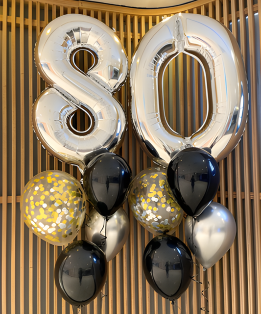 生日气球花束 [大银色数字，金色、黑色和银色气球]