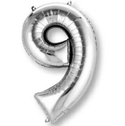Number 9 Super Shape Balloon 86cm (silver) Inflated