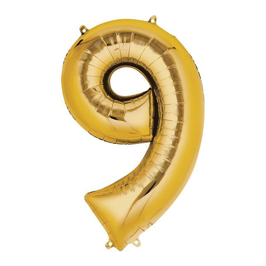 Number 9 Super Shape Balloon 86cm (Gold) Inflated