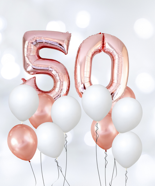 生日气球花束 - 玫瑰金和白色气球混合