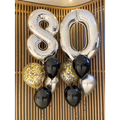 Birthday Balloon Bouquet [Big Silver Numbers with gold, black & silver balloons]